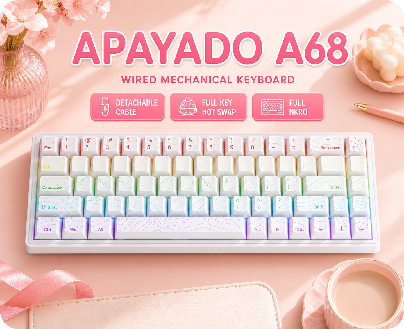 Keyboard Gaming Blue Switch - APAYADO A68 유선 기계식 키보드, 핫스왑